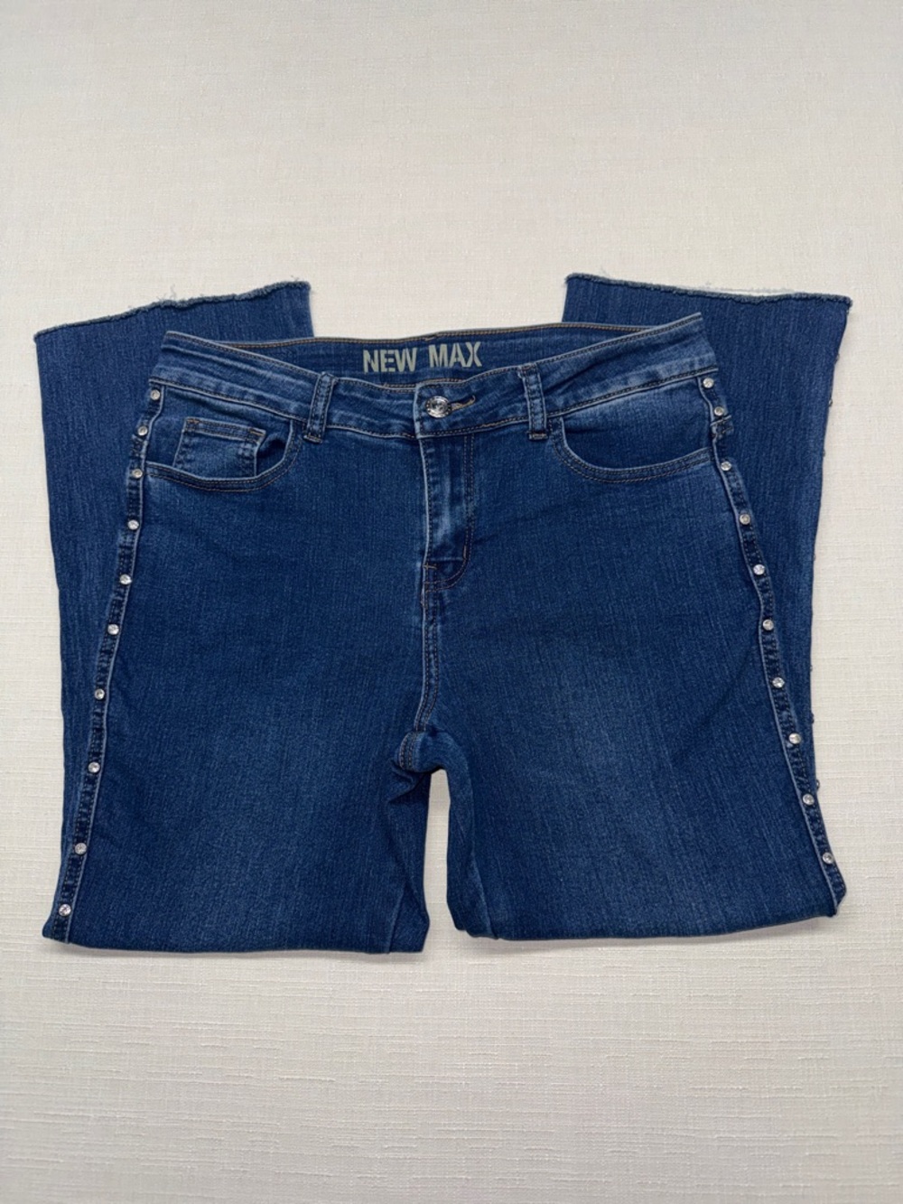New Max Blue Stud-Trim Wide-Leg Crop Jeans